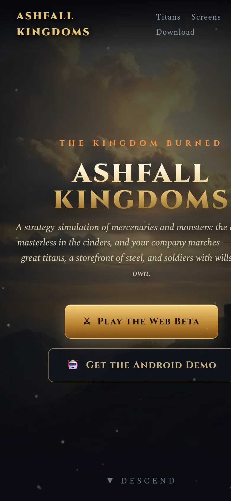 Ashfall Kingdoms title screen running on a phone