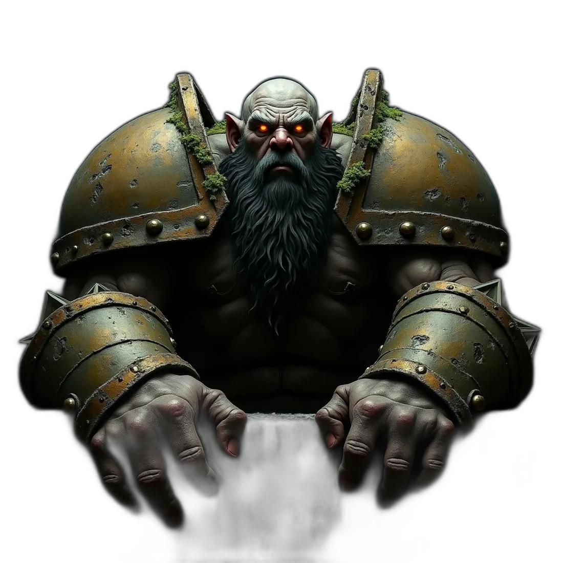 A moss-covered armored titan from Ashfall Kingdoms leaning over a battlement wall