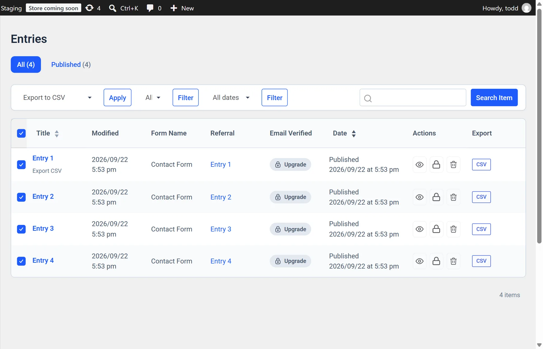 MetForm Entries screen with every entry ticked and "Export to CSV" chosen in the Bulk actions menu
