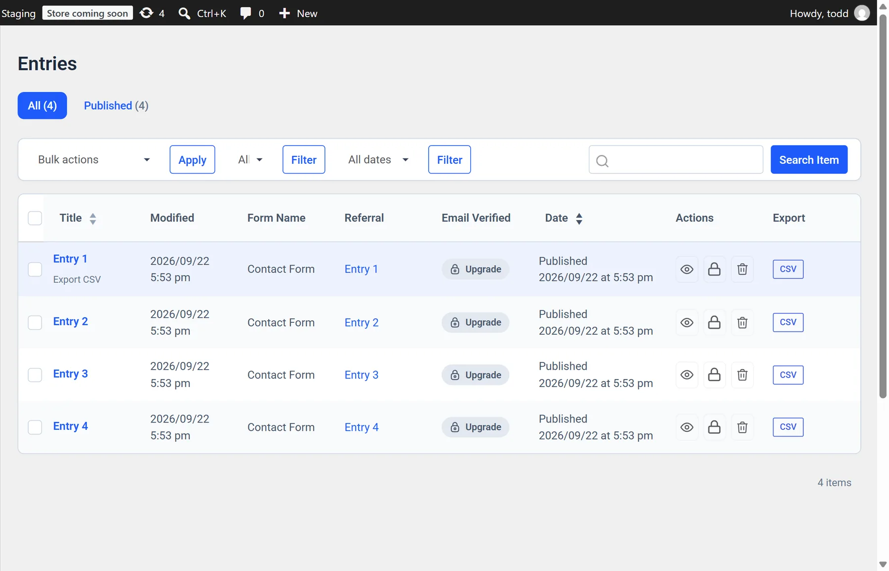 MetForm Entries screen in WordPress with an Export column: each entry row has a CSV button