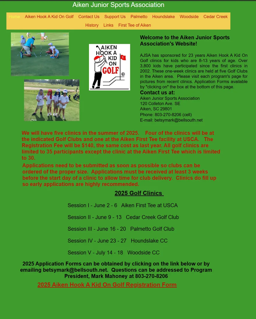 The old Aiken Junior Sports Association homepage - a green table layout with a yellow link bar and long red announcements